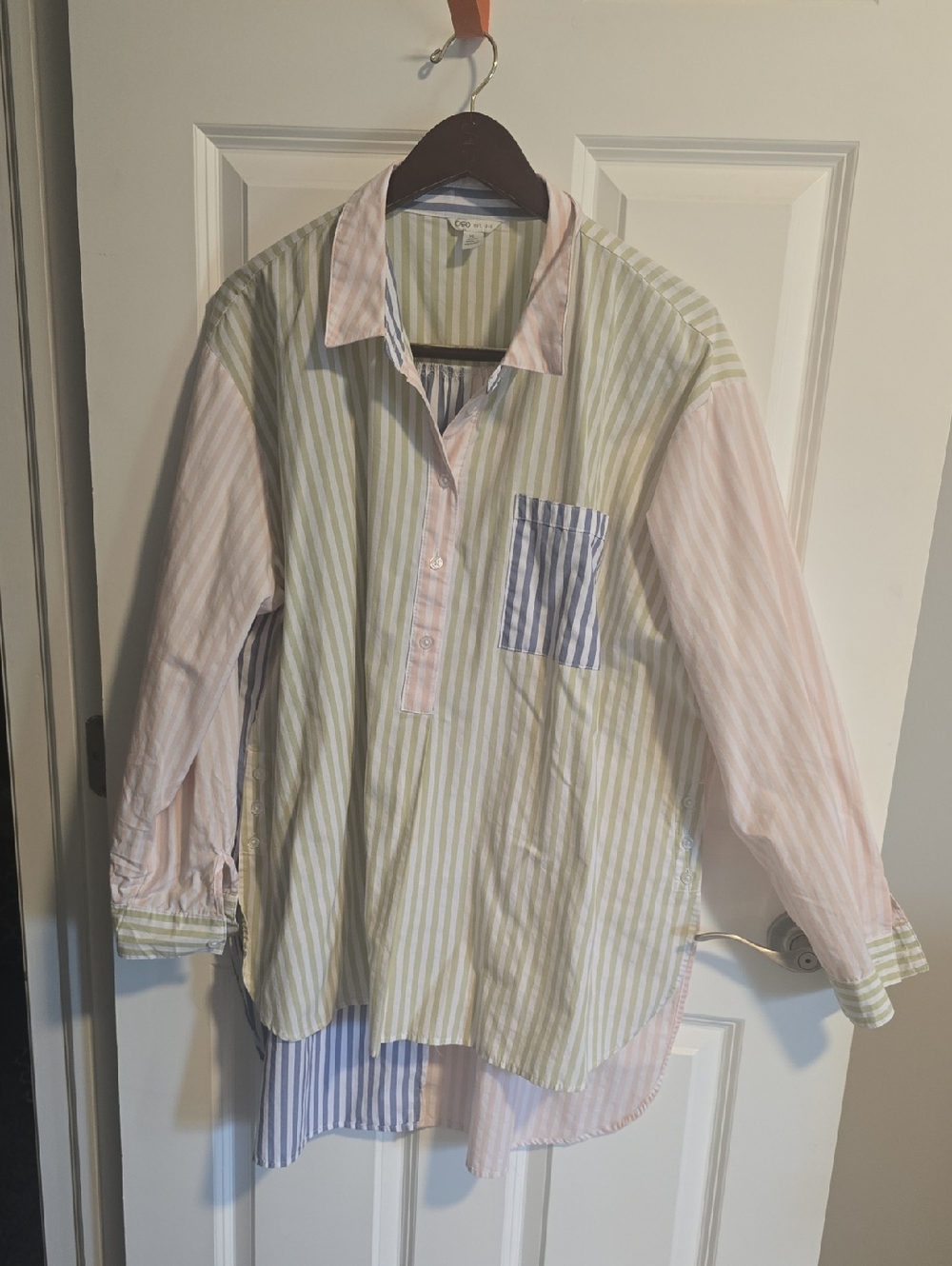 Cato Vertical Stripe Button-Front Shirt in Pale Green and White